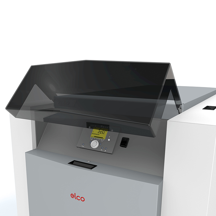 Modern heating control unit from Elco with digital display and swivelling protective cover, shown in close-up when open